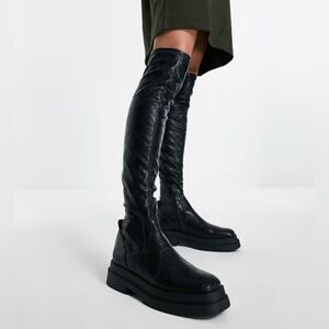 Mango MNG Over the‎ Lnee Chain Embossed Boots Black Size 39/9 US